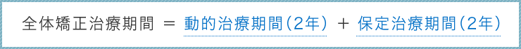 全体矯正治療期間＝動的治療期間（2年）＋保定治療期間（2年）