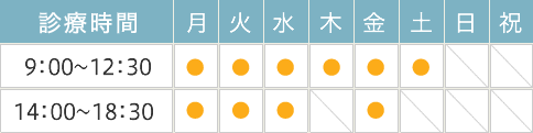 診察時間　AM9:00～PM12：30　月・火・水・木・金・土　PM2：00～PM6：30　月・火・水・金