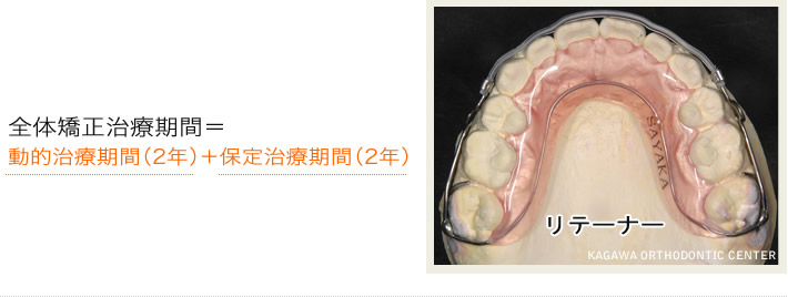 全体矯正治療期間＝動的治療期間（2年）＋保定治療期間（2年）